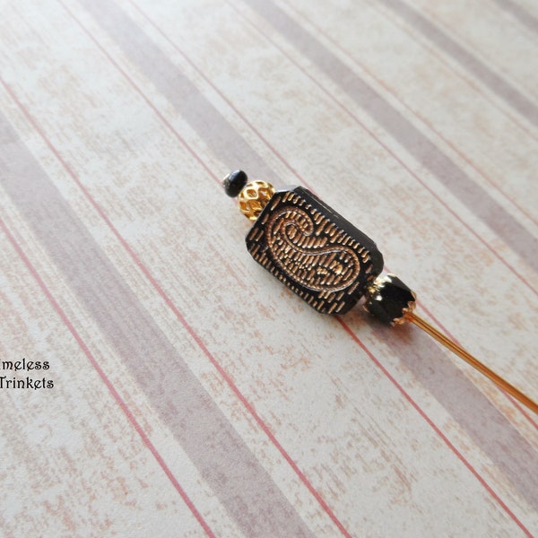 Hatpin, Antique Glass Button, Black, Victorian, Paisley, Intaglio Gold Design, One of a Kind