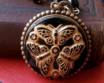 Necklace made using Czech Art Glass Button Focal Made from Vintage Molds, Butterfly, Black, Gold, Glass Beads, Timeless Trinkets