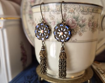 Earrings, Antique Mother of Pearl Button(c.1900-1920), Handmade Tassels, Blue, Antique Brass Ox, Button Jewelry, Timeless Trinkets