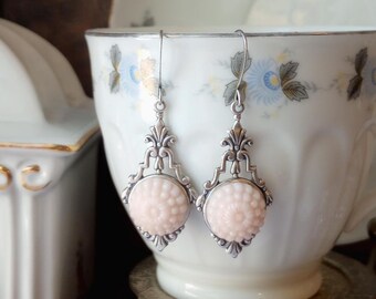 Earrings made with Vintage Glass Buttons(1935-1960's), Light Pink, Hobnail Pattern,Art Deco Setting, Antique Silver, Timeless Trinkets