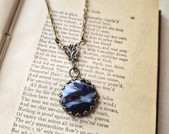 Vintage Glass Cabochon Necklace (1935-1960's): Slag Glass, Colors of Blue, White, and Red, Brass