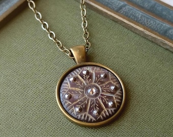 Antique Mother of Pearl Button Necklace: Carved Pearl & Swarovski Crystal