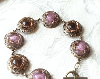 Vintage Glass Button Bracelet: Marbled Glass, Purple and Brown, Antique Brass, Gold Trim