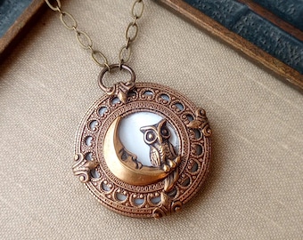 Necklace, Antique Mother of Pearl Button, Night Owl, Crescent Moon, Brass Ox Filigree, Timeless Trinkets