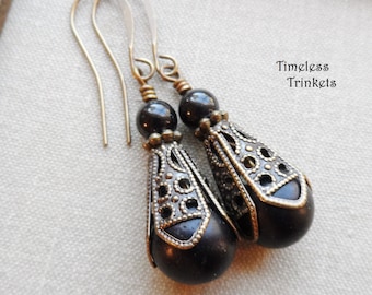 Earrings made with Victorian Ball Buttons(c.1860-1900's), Black, Obsidian Bead, Antique Brass Ox,  Antique Button Jewelry, Timeless Trinkets