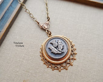 Necklace made with Antique/Vintage Button, Thistle Design, Flower, Brass, Timeless Trinkets