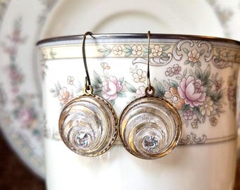 Vintage Glass Button Earrings (1935-1960's): Czech Glass, Clear, Gold,  Antique Brass Finish, Dangle, Geometric Design, Rhinestone