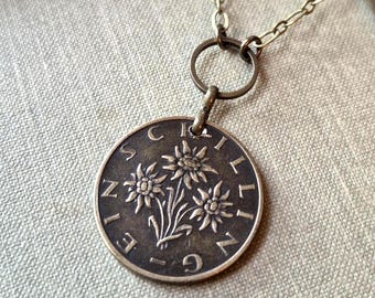Vintage Coin Necklace, Edelweiss, Austria 1969, 1 Schilling, Reversible, Antique Brass Chain, Timeless Trinkets,