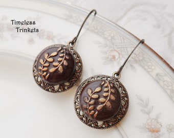 Earrings made with Vintage Glass Buttons(1935-1960's), Leaf, Leaves, Gold Accent Design, Brown, Antique Brass, Timeless Trinkets