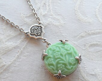 Wallpaper Flowers, Necklace made with Vintage Green Glass Button made in West Germany