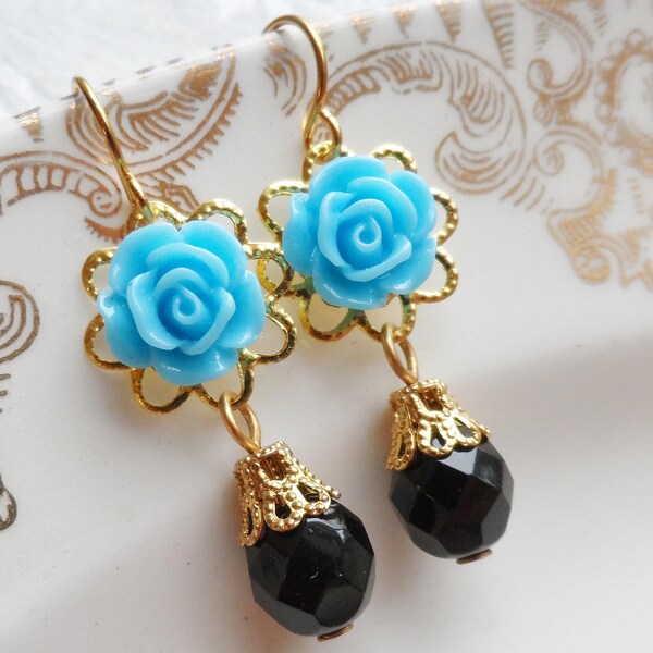 75% Off Price Sale, Blue Rose Flower, Gold Tone Filigree, Czech Glass Bead