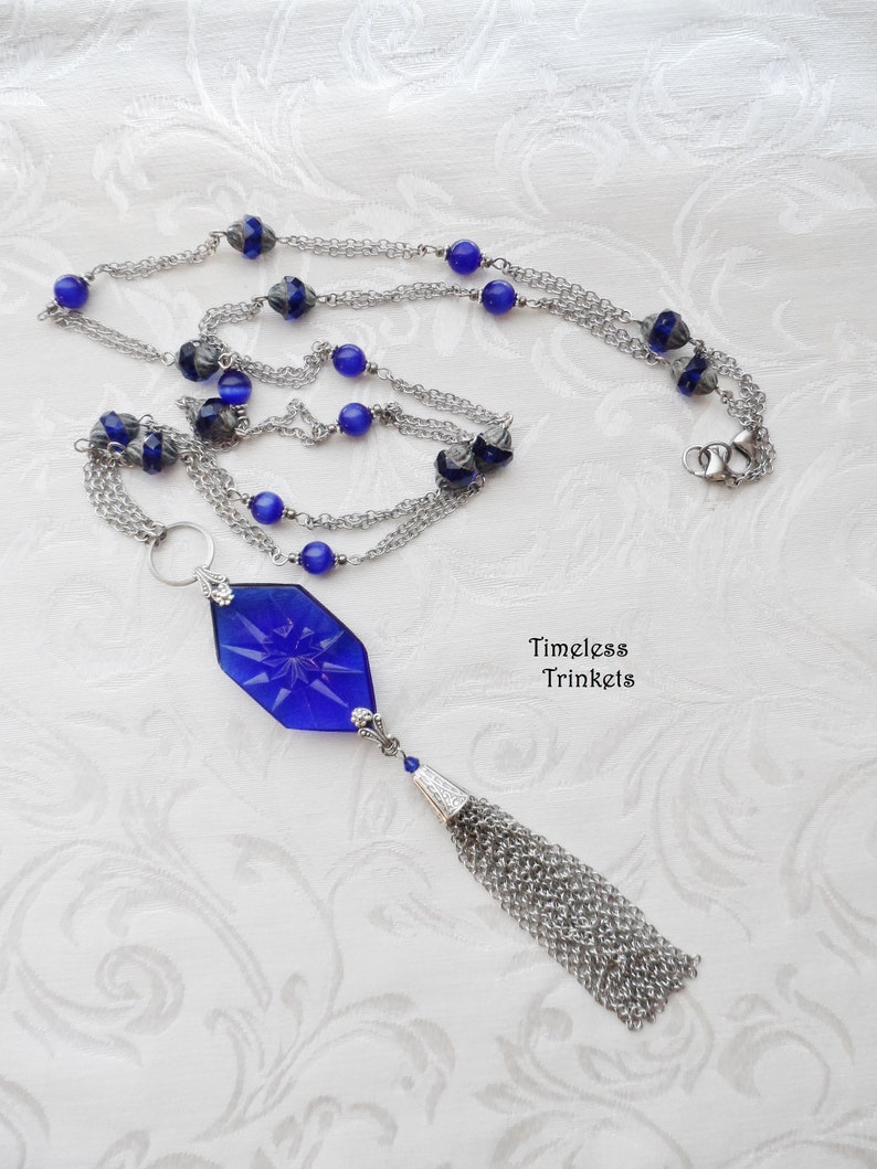 Sautoir Necklace made selling with Vintage Cobalt Chandelier Crystal, Long, Vintage Tassel, Czech Glass, Royal Blue, Silver, Timeless Trinkets