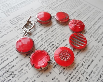 Bracelet,Vintage Glass Buttons(c.1930-1960), Red, Silver Trim, Geometric, Art Deco, Silver Ox, OOAK, Bold, Timeless Trinkets