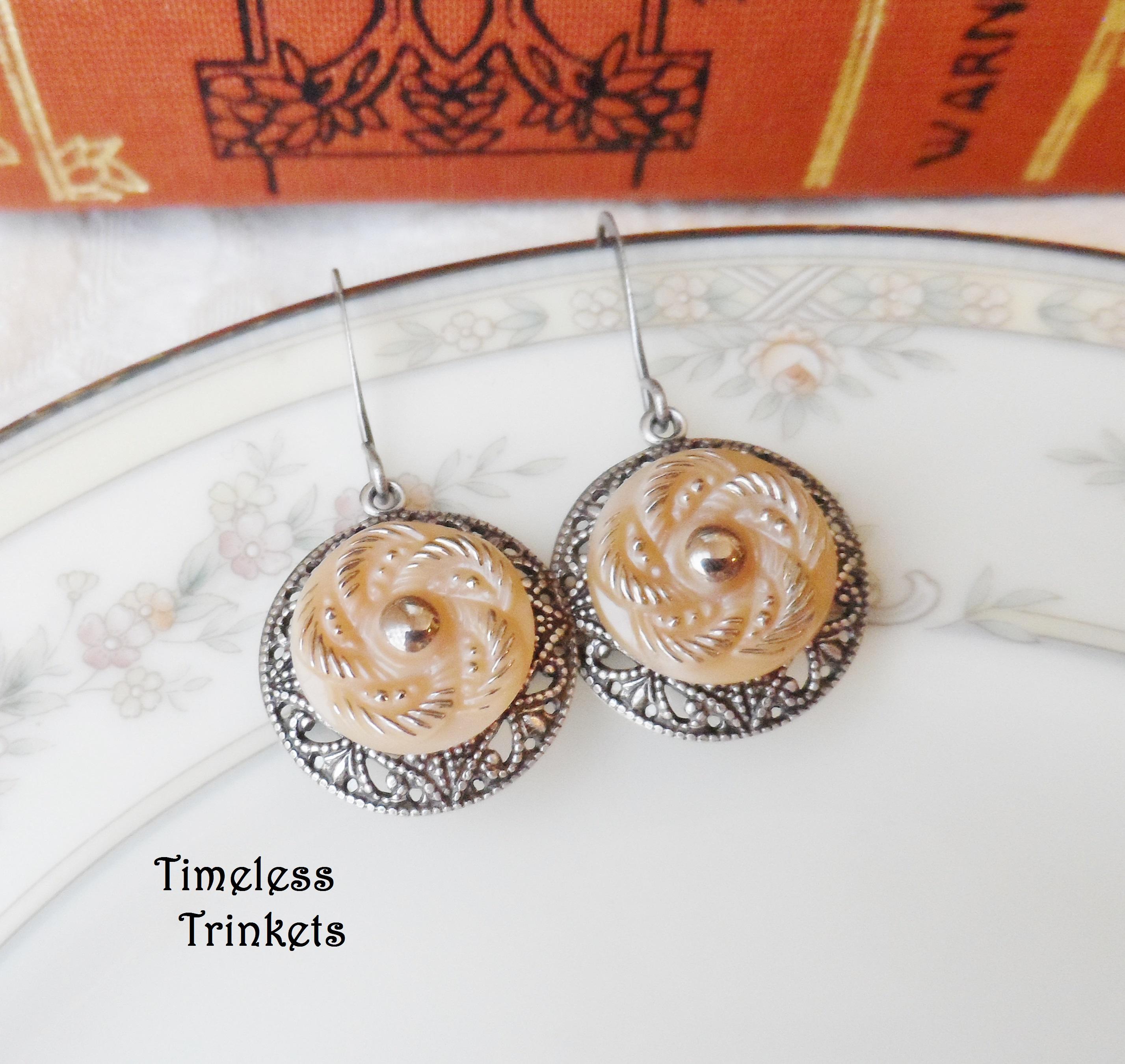 Vintage Glass Button Earrings: Carmel Flower, Antique Silver - Etsy