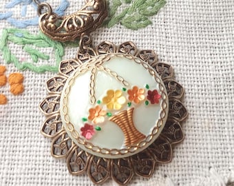 Necklace made using Czech Art Glass Button Focal Made from Vintage Molds, Flowers, Uranium Glass, Orange, Yellow, Red, Timeless Trinkets