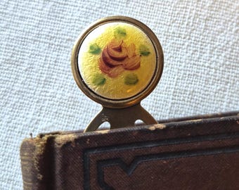 Bookmark- Vintage Guilloche Enamel Rose Cameo, Yellow, Pink, Brass