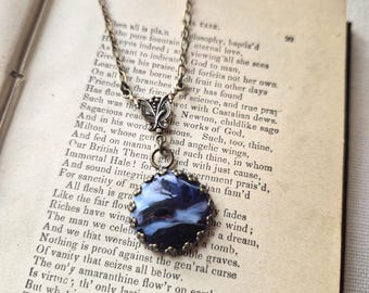 Vintage Glass Cabochon Necklace (1935-1960's): Slag Glass, Colors of Blue, White, and Red, Brass