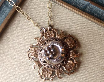 Necklace made with Antique Picture Button(1880-1910),Victorian Fashion, Celestial Design, Steel Cut Gems, Moon, Brass Ox, Timeless Trinkets