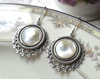 Earrings made with Antique Mother of Pearl Disc, Ivory with a Slight Rainbow Iridescent Color, Silver,Timeless Trinkets, Button Jewelry