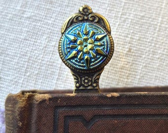 Bookmark: Vintage Czech Glass Cameo, Ornate Design, Iridescent, Blue, Yellow, Brass, Star, Flower