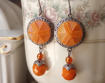 Vintage Glass Button Earrings, Orange, Iridescent, Rainbow Wash, Vintage Glass Beads, Dangle, Antique Brass Ox