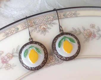 Earrings made with Glass Vintage Buttons, Milk Glass, Lemon, Fruit, White, Green, Yellow, Brass Ox, Timeless Trinkets