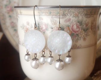 Earrings made with Vintage Glass Buttons, Bridal Jewelry, White, Faux Pearls, Flower Design, Antique Brass, Timeless Trinkets