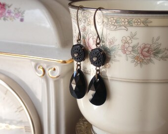 Earrings made with Antique Glass Buttons(1850-1900), Diminutive, Black, Victorian, Swarovski Crystal, Brass
