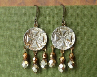 Earrings made with Antique Pewter Buttons(c.1865-1904), Geometric Design, Silver, Pewter, Glass, Brass Ox, Timeless Trinkets, Button Jewelry