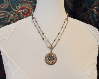 Antique Wallpaper Button Necklace: Steel Cut Gems, Czech Glass