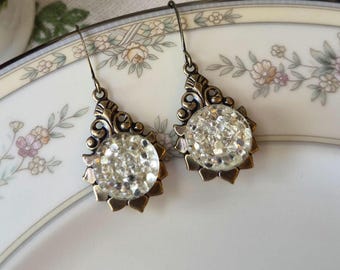 Earrings made with Vintage Glass Buttons(1920-1960's), Dew Drop, Clear, Foil Back, Hobnail Pattern,  Antique Brass, Timeless Trinkets