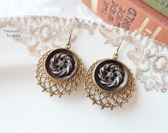 Earrings made with Antique Buttons(c.1865-1910), Flower, Burgundy Brown, Metallic, Brass Ox, Timeless Trinkets, Button Jewelry