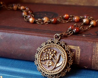Necklace made with Antique Picture Button, Victorian, Brown Tint, Peppercorn, Art Nouveau, Agate Beads, Antique Brass, One of a Kind, Beaded