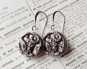 Earrings made with Victorian Antique Glass Buttons(1840-1908), Red-Purple-Burgundy, Flower Design, Silver Ox, Timeless Trinkets