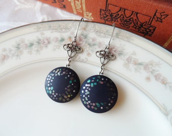Earrings made with Vintage Glass Buttons(1935-1960's),Matte Black with Metallic Dots, Hand Painted, Antique Silver,Timeless Trinkets