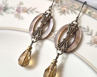 Earrings made with Vintage Mother of Pearl Slide Buckles(c.1920-1930's)  Ivory-Beige, Vintage Glass, Brass, Timeless Trinkets