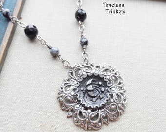 Necklace made with Antique Pewter Button(1880-1910), Faceted Obsidian Beads, Snowflake Obsidian,Black, Gray, Silver Ox,Timeless Trinkets