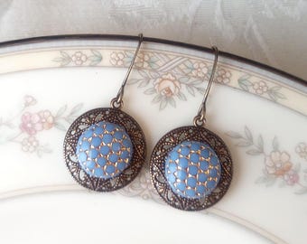 Earrings made with Vintage Glass Buttons, Geometric Design, Periwinkle Blue with Gold, Antique Brass Filigree, Made in Germany