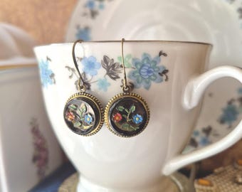 Earrings made with Antique Buttons,(1920's-1940's) Olive Green Glass, Painted Red and Blue Flowers, Timeless Trinkets