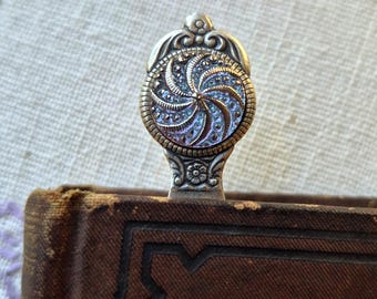 Bookmark: Vintage Czech Glass Cameo, Ornate Pinwheel Design, Lilac, Purple, Light Blue, Silver Ox