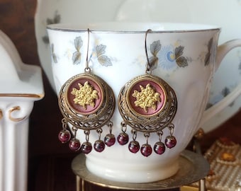 Earrings made with Antique Buttons: Garnets, Brass, Burgundy, Flower Design, Red