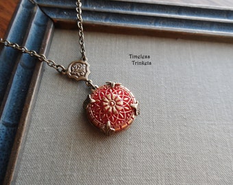 Necklace made with Vintage Glass Button(c.1930-1960), Red with Gold Trim, Flower Design, Schwanda, Timeless Trinkets, Vintage Button Jewelry