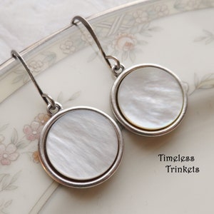 Earrings made with Antique Mother of Pearl Disc, Ivory with Opalescent Sheen, Silver Ox, Timeless Trinkets, Button Jewelry image 1