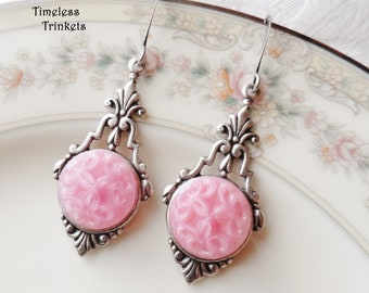 Earrings made with Vintage Glass Buttons(1935-1960's), Fleur-de-lis, Pastel, Pink, Light Pink, Moonglow, Antique Silver, Timeless Trinkets