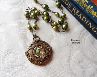 Necklace made with Antique Mother of Pearl Button, Watch Gear, Glass Peals, Green, Sage, Moss Green, Antique Brass, Timeless Trinkets