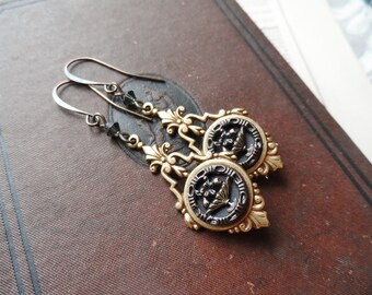 Earrings, Antique Buttons(c.1870-1920), Flowers, Swarovski Crystal, Black, Brass, Button Jewelry, One of a Kind, Timeless Trinkets