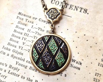 Necklace made with Vintage Glass Button(c.1935-1960), Diamond Pattern, Black, Navy Blue, Green, Gold, Brass Ox, Timeless Trinkets