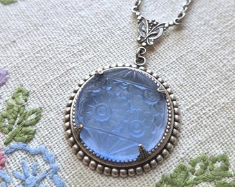 Vintage Glass Cabochon Necklace (1935-1960's): Blue, Frosted Glass, Flowers, Ornate, Silver Ox