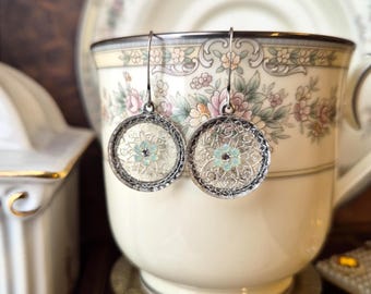 Vintage Glass Button Earrings (1935-1960's): Clear, Antique Silver, Dangle, Lacey Flower Design, Vintage Rhinestones, Seafoam Green