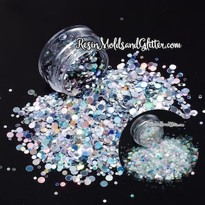 Dots Glitter, Holographic Silver and Translucent Opal glitter Dots, chunky glitter mix, circle nail glitter, resin art, DIY jewelry making